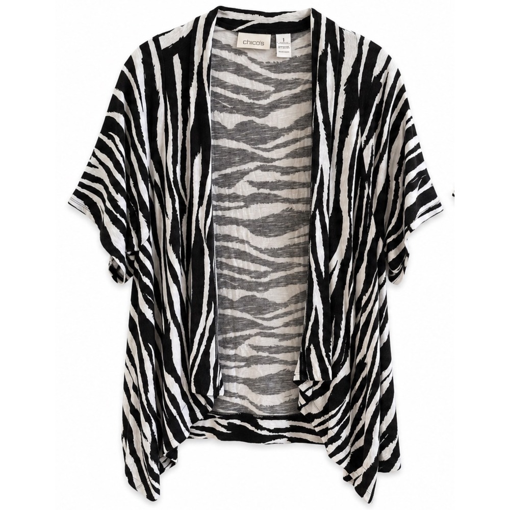 Chico's Zebra Print Cardigan Black White Open Front Kimono Boho Size 1
